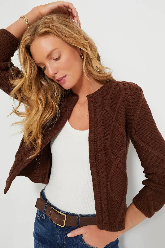 Chocolate Cable Knit Collins Cardigan Best sweaters for hiking