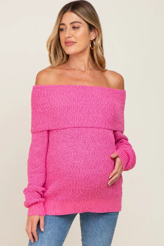 Fuchsia Foldover Off Shoulder Maternity Sweater Men's sweaters
