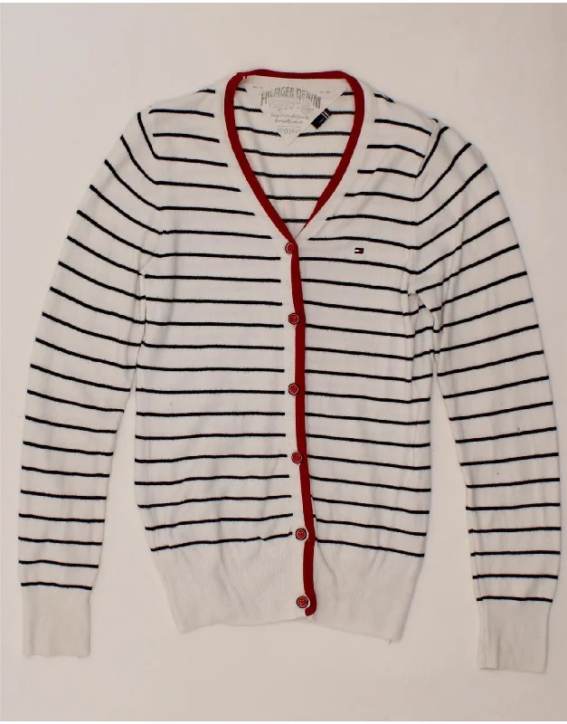 TOMMY HILFIGER Womens Cardigan Sweater UK 8 Small White Striped Viscose Columbia sweaters