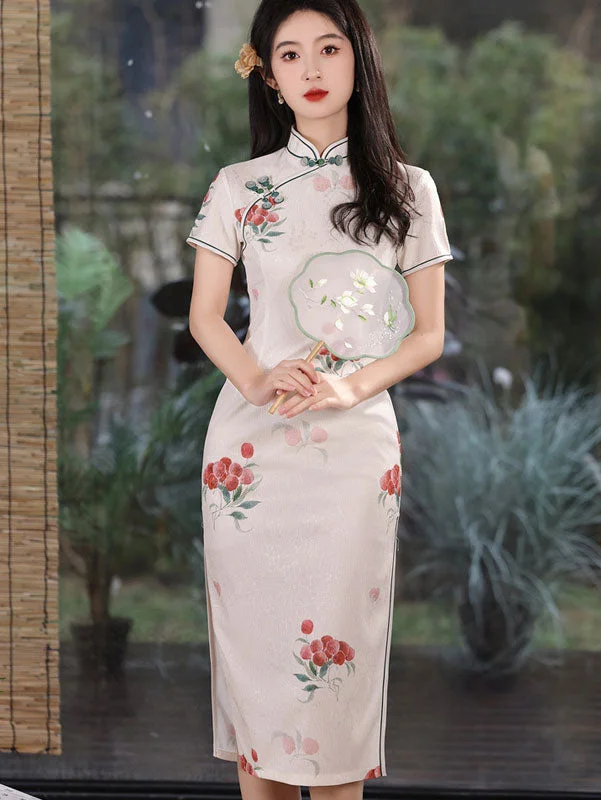 White Strawberry Print Midi Cheongsam Qipao Dress Best midi dresses for date night