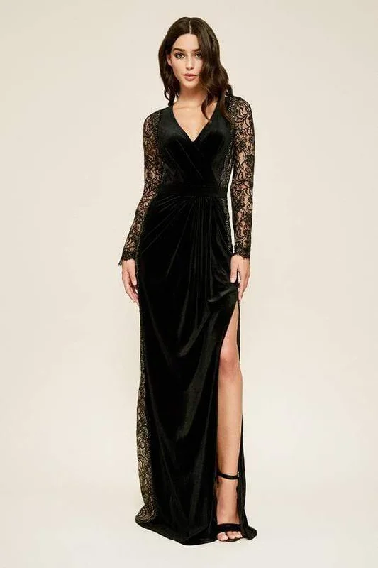 Tadashi Shoji - Molin Lace Long Sleeve Velvet A-line Evening Dress - 1 pc Black/Nude In Size 00 Available Fashion-forward party dresses Tadashi Shoji - Molin Lace Long Sleeve Velvet A-line Evening Dress - 1 pc Black/Nude In Size 00 Available Fashion-forward party dresses