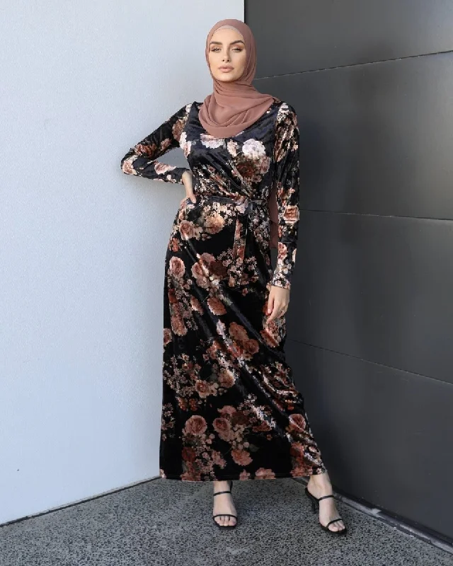 Velvet Black Bouquet Wrap Dress Chiffon unclassified dresses