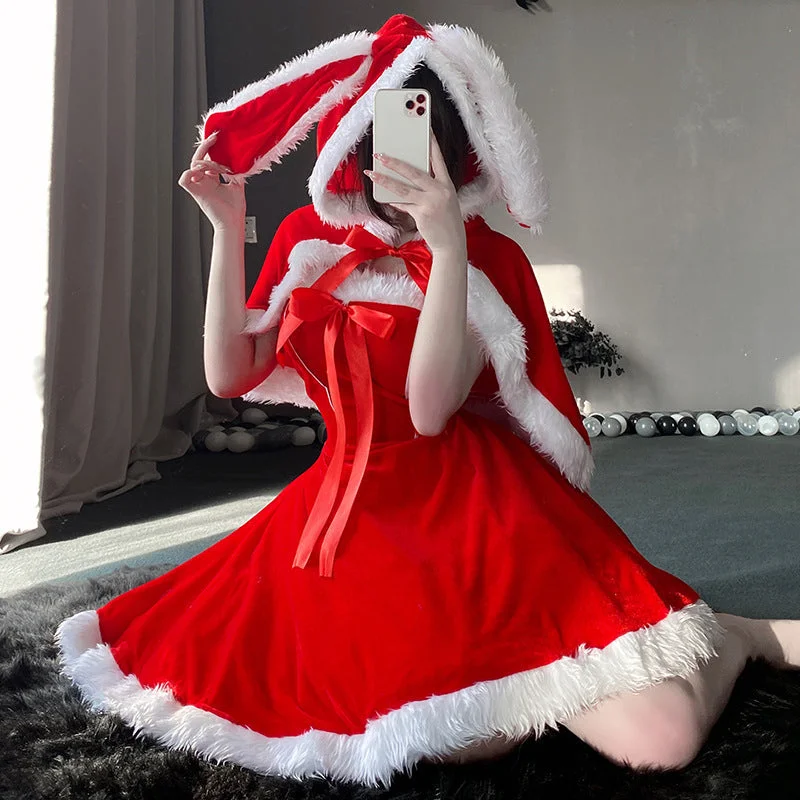 Plush Velvet Bunny Ears Cape Christmas Dress Long sleeve unclassified dresses