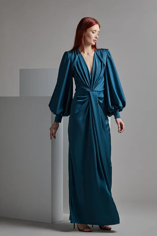 Puff sleeves satin gown with pleats Trendy unclassified dresses