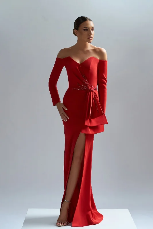 Red crepe gown with embroidery Everyday wear unclassified dresses