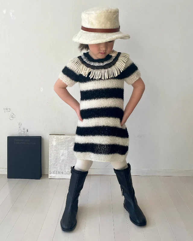 TAGO AW2024 Knitted Fringe Striped Mohair Dress Dark color unclassified dresses