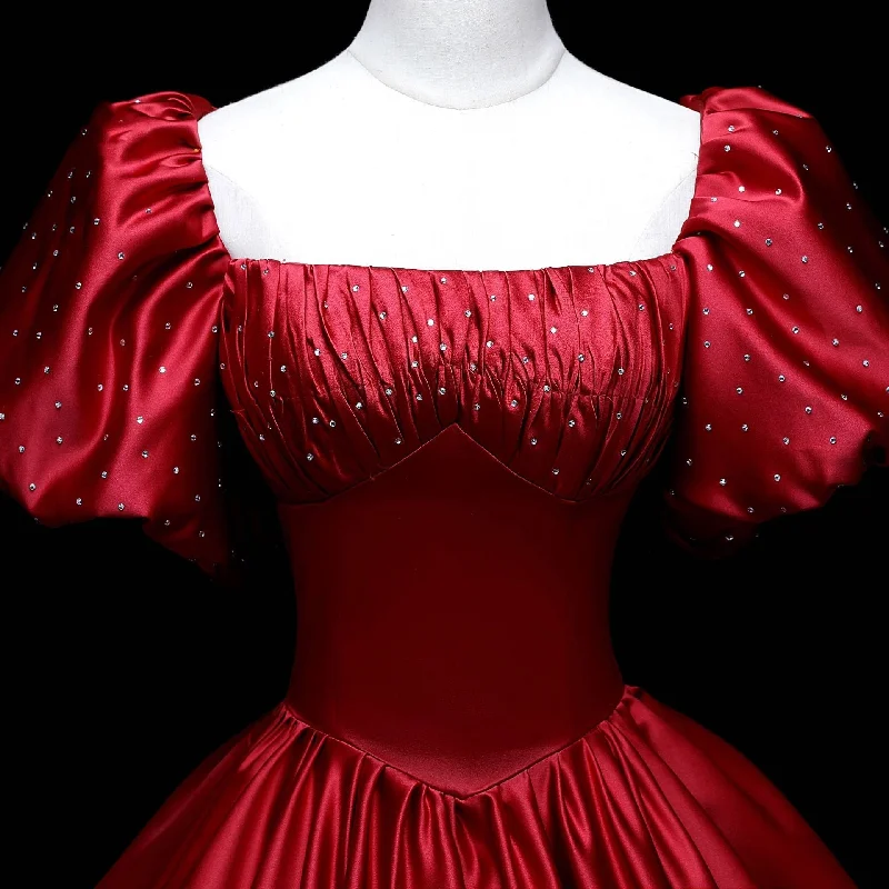 Wine Red Satin Beaded Ball Gown Sweet 16 Dress, Wine Red Evening Formal Dress Backless unclassified dresses
