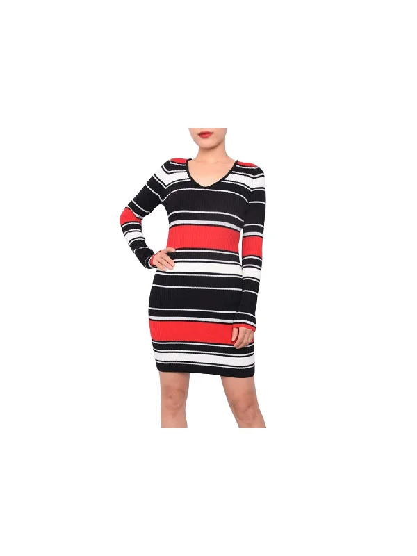 PLANET GOLD Womens Black Lace Striped V Neck Short Body Con Dress Sexy Lace Dress
