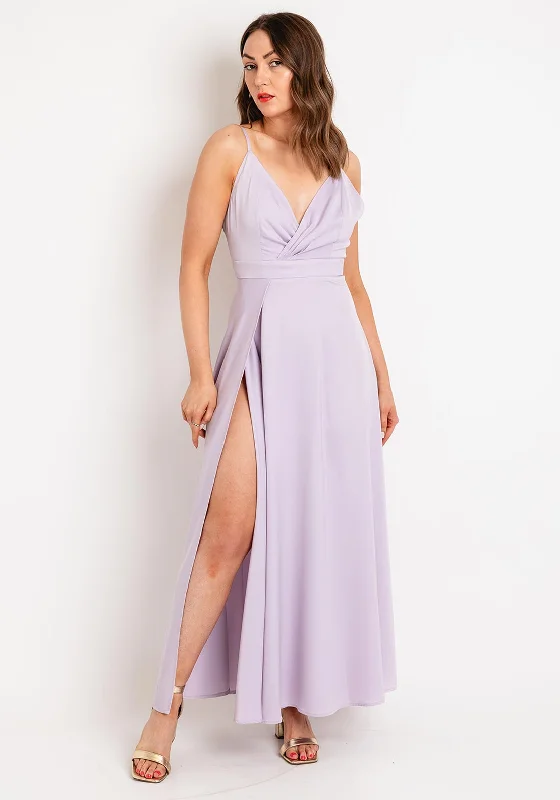 Goa Goa Carillon Satin Floral Slit Leg Maxi Dress, Lilac Embellished Maxi Skirt