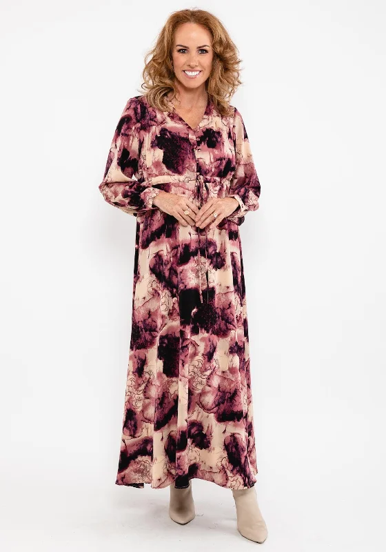 Seventy1 Drawstring Waist Maxi Dress, Pink Multi Soft Pleated Maxi