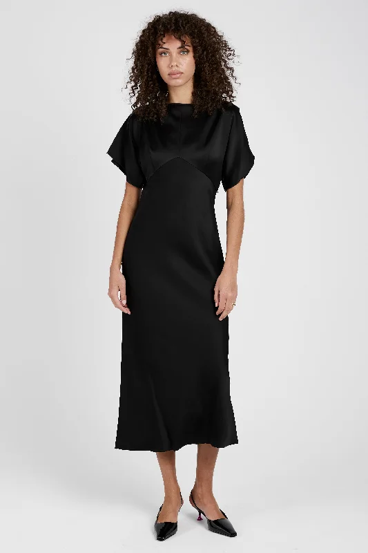 Satin Midi Dress in Black Ruffled Skirt Midi