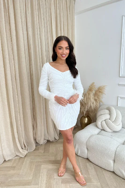 Amour White Luxe Embellished  Hourglass Sequin Long Sleeve Feather Cuff Dress Sleek Sequin Dress