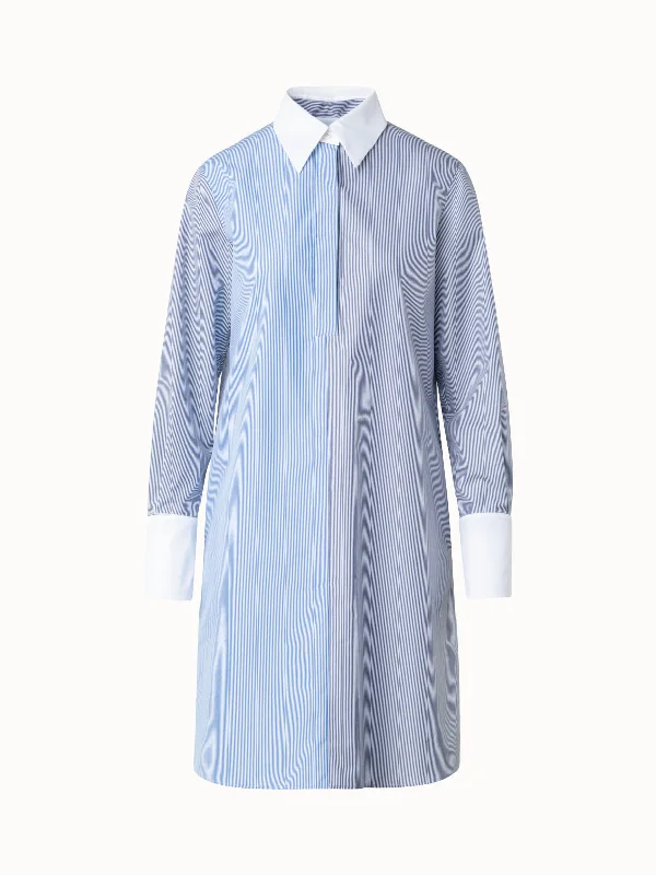 Striped Shirt Dress with Detachable White Collar and Cuffs Button-down Shirt Dress