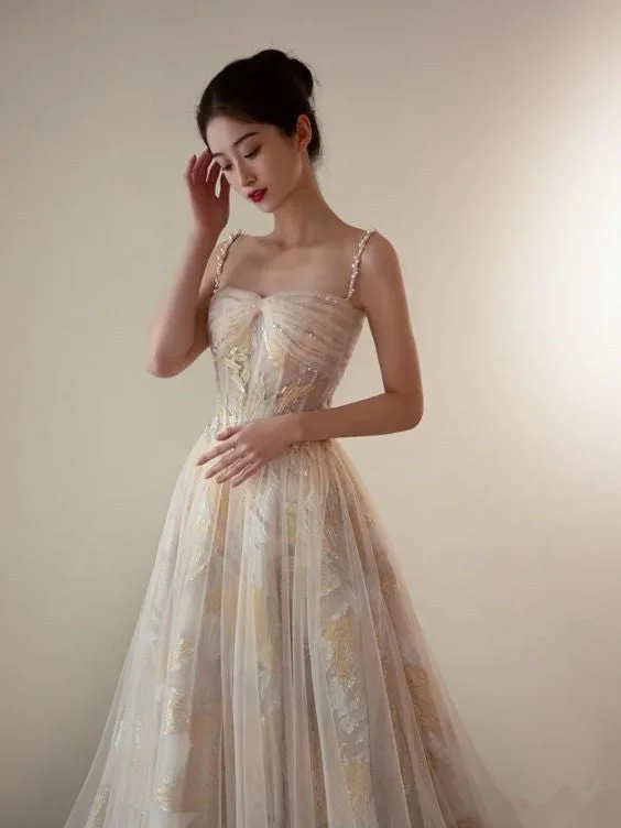 A-line Embroidered Flowers Tulle Prom Dress Stunning Evening Dress Y287 Tulle Dress Style