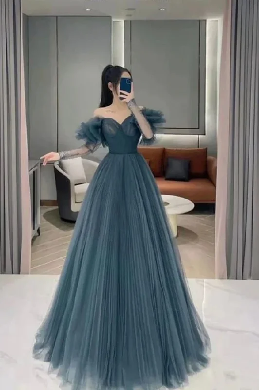 Blue tulle long prom dress A line evening dress Y190 Tulle Dress Puff