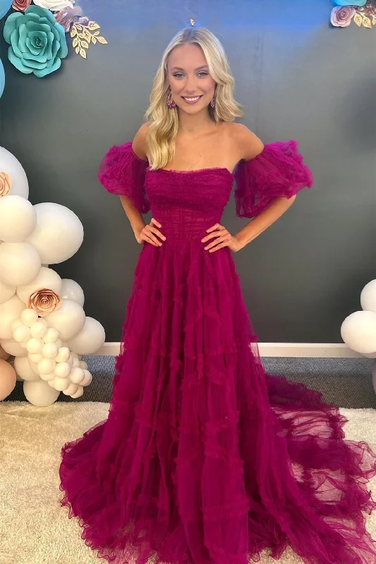 Fuchsia Strapless Tulle A-line Ruffles Long Prom Dress Bohemian Tulle Dress